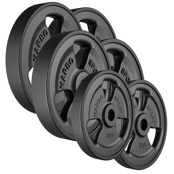 Tri-Grip gummierte Guss Hantelscheiben-Set Gewichte mit ø30/31 mm Bohrung | Set 60kg / 2 x 15 kg + 2 x 10 kg + 2 x 5 kg - Marbo Sport