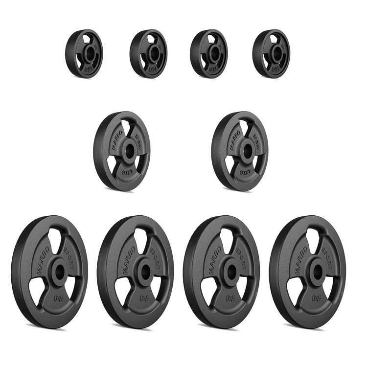 Tri-Grip Guss Hantelscheiben-Set Gewichte mit ø30/31 mm Bohrung | Set 29 kg / 4 x 5 kg + 2 x 2,5 kg + 4 x 1 kg - Marbo Sport