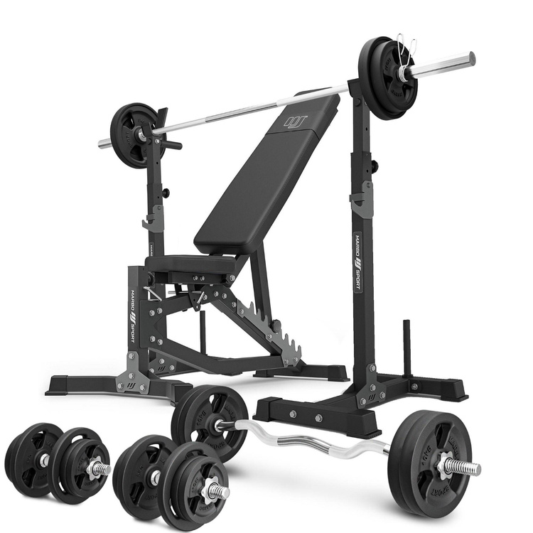 Set MS30_2.0_113KG | Doppelseitig verstellbare Hantelbank + Hantelablage (2 Stück) mit Sicherung + Stangen- und Hantelscheiben Set 113 kg - Marbo Sport