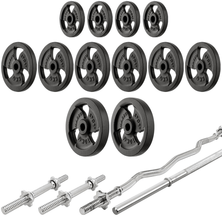 Set MS33_2.0_83KG | Doppelseitige Bank + hantelablage (2 Stück) mit Sicherung + Scott Bank - mit höhenverstellbaren Armpolster + Stangen- und Hantelscheiben Set 83 kg - Marbo Sport