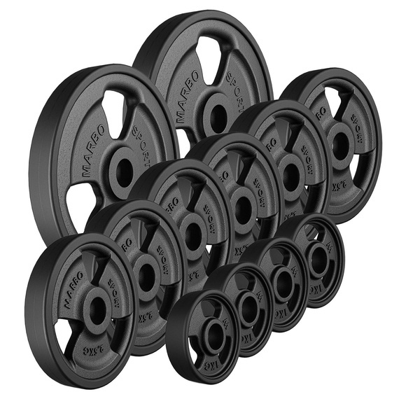 Tri-Grip gummierte Guss Hantelscheiben-Set Gewichte mit ø30/31 mm Bohrung | Set 29 kg / 2 x 5 kg + 6 x 2,5 kg + 4 x 1 kg - Marbo Sport