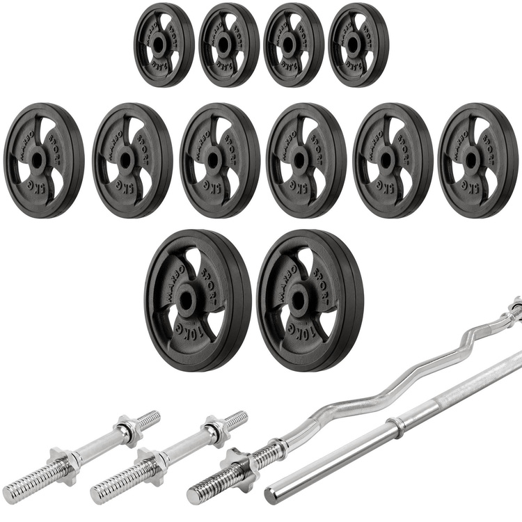 Set MS33_2.0_83KG_G | Doppelseitige Bank + hantelablage (2 Stück) mit Sicherung + Scott Bank - mit höhenverstellbaren Armpolster + Stangen- und Hantelscheiben gummiert Set 83 kg - Marbo Sport