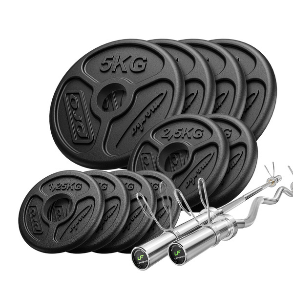 Set 55kg | olympische Langhantelstange 180 cm + leicht gebogene SZ-Curlstange 120 cm + Hantelscheiben 4x5kg, 2x2,5kg, 4x1,25kg - Marbo Sport