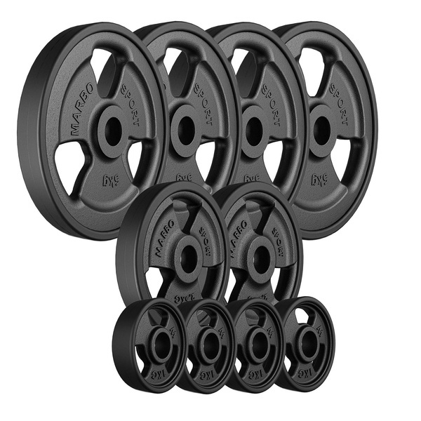 Tri-Grip gummierte Guss Hantelscheiben-Set Gewichte mit ø30/31 mm Bohrung | Set 29 kg / 4 x 5 kg + 2 x 2,5 kg + 4 x 1 kg - Marbo Sport