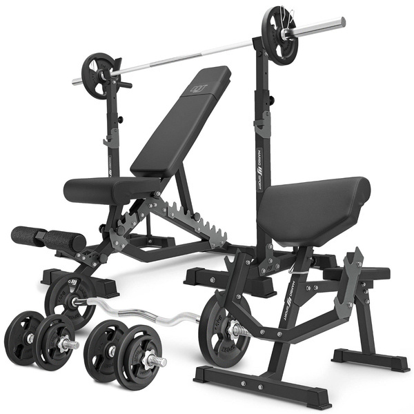 Set MS33_2.0_83KG | Doppelseitige Bank + hantelablage (2 Stück) mit Sicherung + Scott Bank - mit höhenverstellbaren Armpolster + Stangen- und Hantelscheiben Set 83 kg - Marbo Sport