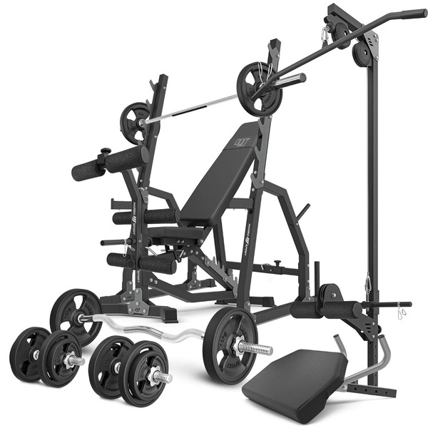 Set MS36_2.0_83KG_G | Doppelseitige Bank + verstellbare Hantelablage + Curl Pult + Beinpresse + Latzug + Stangen- und Hantelscheiben gummiert Set 83 kg - Marbo Sport