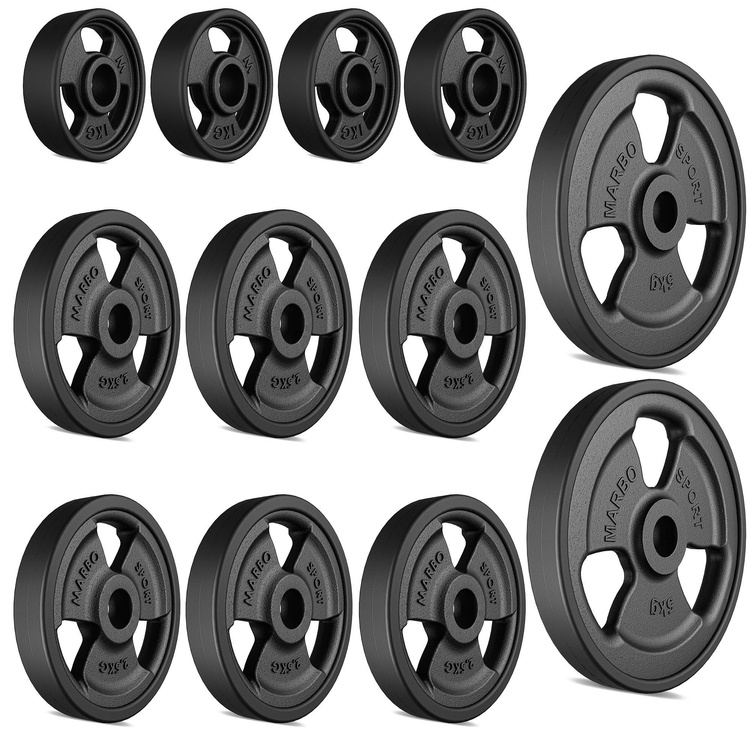 Tri-Grip gummierte Guss Hantelscheiben-Set Gewichte mit ø30/31 mm Bohrung | Set 29 kg / 2 x 5 kg + 6 x 2,5 kg + 4 x 1 kg - Marbo Sport