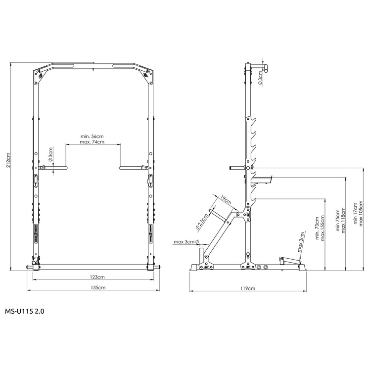 Squat Half-Rack mit Klimmzugstange mit Rack und Dip-Station + Landminenaufsatz MS-U115 2.0 - Marbo Sport