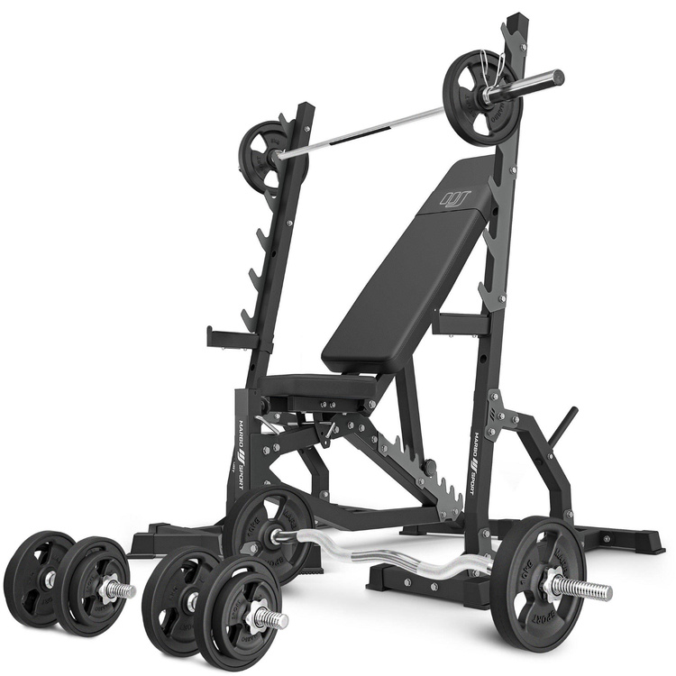 Set MS8_2.0_83KG_G | Doppelseitig verstellbare Hantelbank + Multilevel-Ständer (2 Stück) + Stangen- und Hantelscheiben gummiert Set 83 kg - Marbo Sport