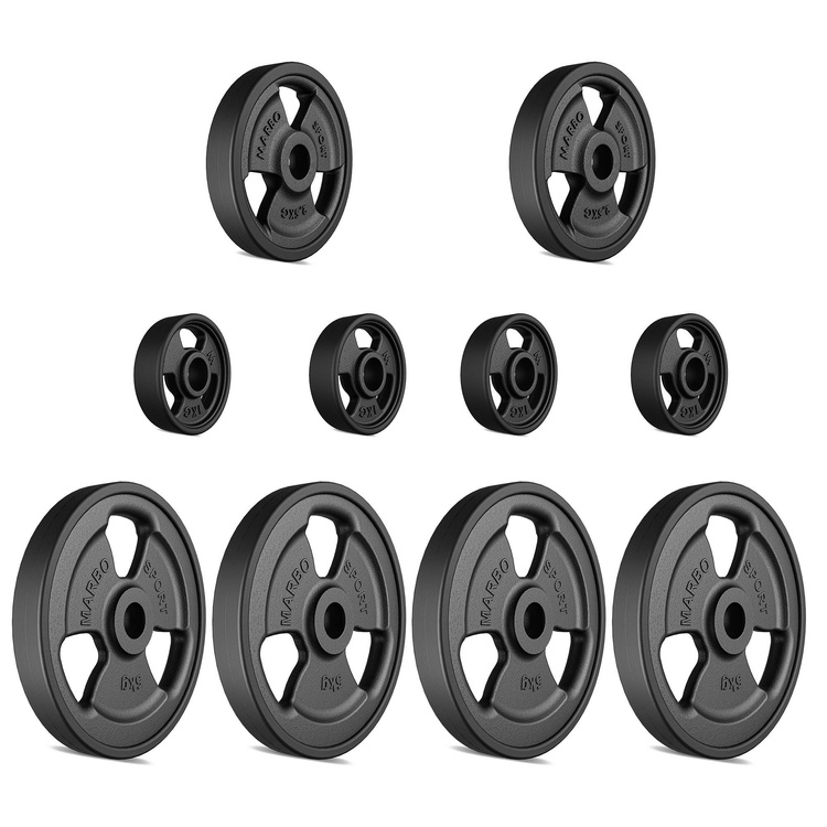 Tri-Grip gummierte Guss Hantelscheiben-Set Gewichte mit ø30/31 mm Bohrung | Set 29 kg / 4 x 5 kg + 2 x 2,5 kg + 4 x 1 kg - Marbo Sport