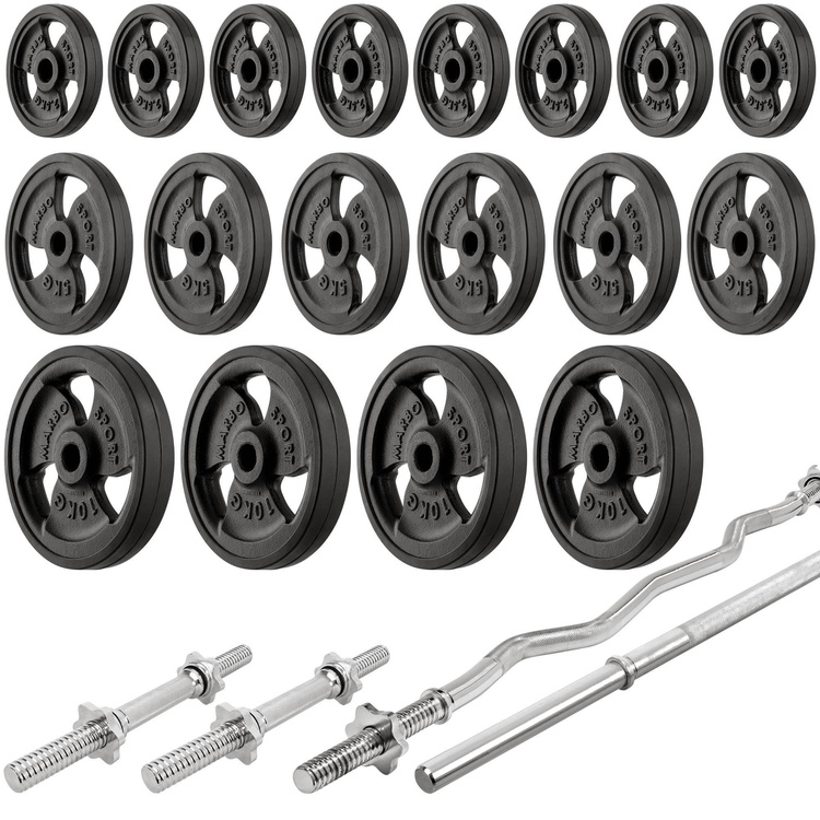 Set MS36_2.0_113KG_G | Doppelseitige Bank + verstellbare Hantelablage + Curl Pult + Beinpresse + Latzug + Stangen- und Hantelscheiben gummiert Set 113 kg - Marbo Sport