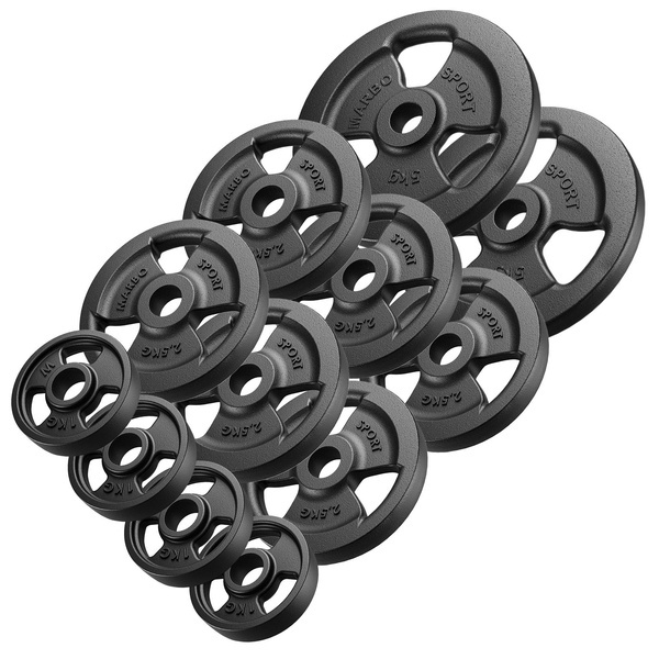 Tri-Grip Guss Hantelscheiben-Set Gewichte mit ø30/31 mm Bohrung | Set 29 kg / 2 x 5 kg + 6 x 2,5 kg + 4 x 1 kg - Marbo Sport