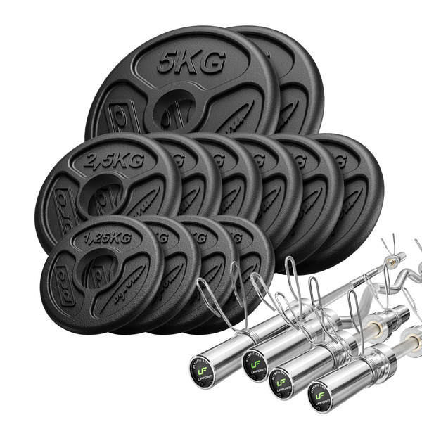 Set 65kg | olympische Langhantelstange 180 cm + leicht gebogene SZ-Curlstange 120 cm + 2x Kurzhantelstange 50 cm +  Hantelscheiben 2x5kg, 6x2,5kg, 4x1,25kg - Marbo Sport