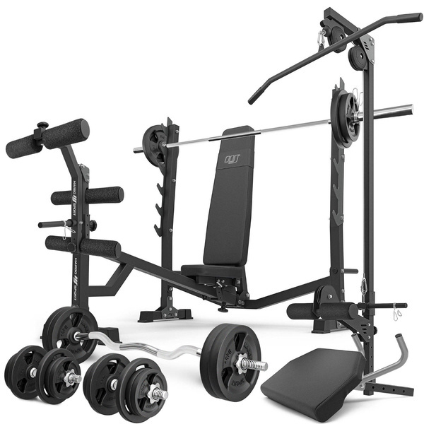 Set MS41_2.0_113KG |Verstellbare Negativdrückerbank mit Ständern + Curl Pult + Beinpresse + Latzug + Stangen- und Hantelscheiben Set 113 kg - Marbo Sport