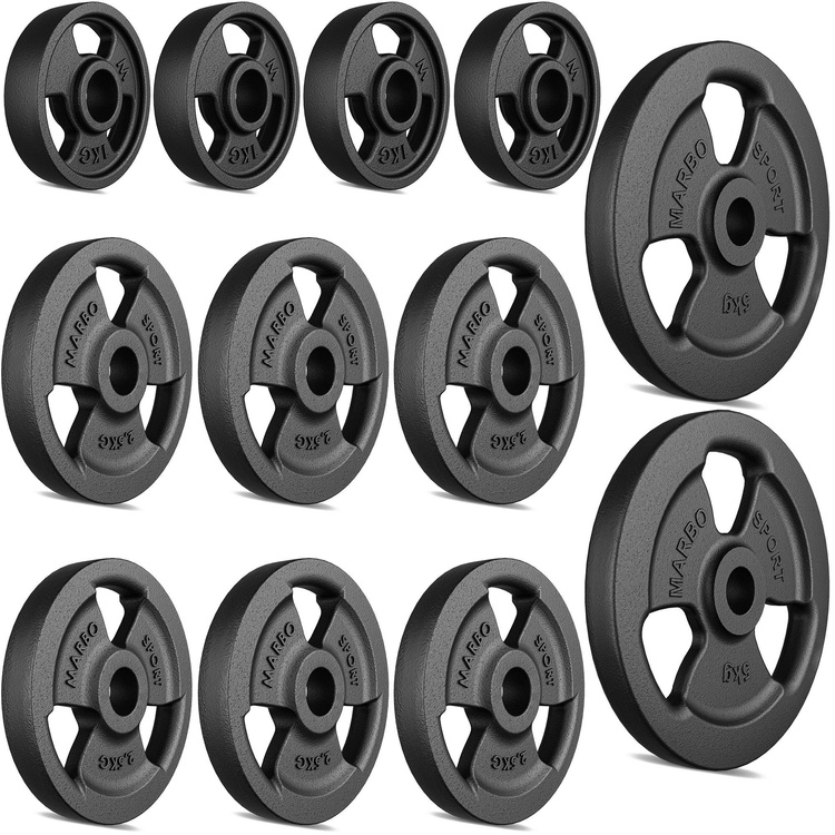 Tri-Grip Guss Hantelscheiben-Set Gewichte mit ø30/31 mm Bohrung | Set 29 kg / 2 x 5 kg + 6 x 2,5 kg + 4 x 1 kg - Marbo Sport
