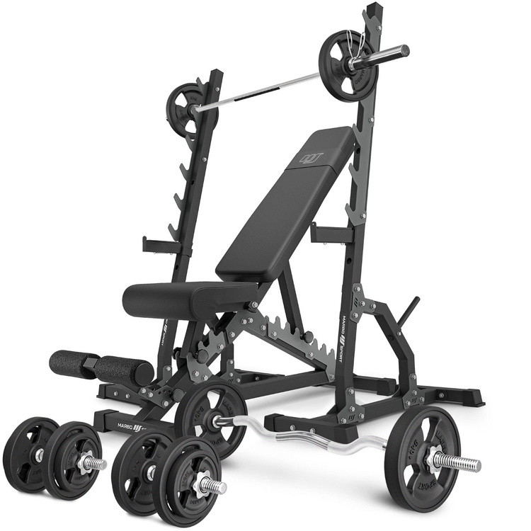 Set MS24_2.0_83KG_G | Doppelseitige Bank + Multilevel-Ständer (2 Stück) + Stangen- und Hantelscheiben gummiert Set 83 kg - Marbo Sport