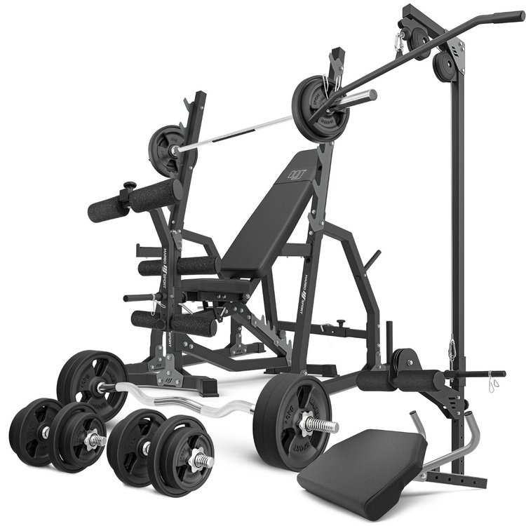Set MS36_2.0_113KG_G | Doppelseitige Bank + verstellbare Hantelablage + Curl Pult + Beinpresse + Latzug + Stangen- und Hantelscheiben gummiert Set 113 kg - Marbo Sport
