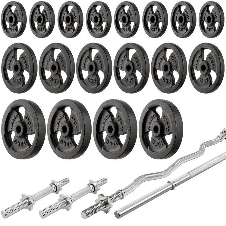 Set MS5_2.0_113KG | Doppelseitige Bank + verstellbare Ständer + Scott Bank - mit höhenverstellbaren Armpolster + Stangen- und Hantelscheiben Set 113 kg - Marbo Sport