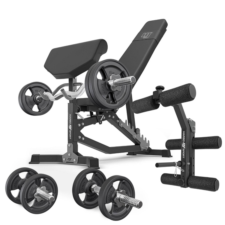 Set MS39_2.0_42KG_G | Doppelseitige Bank + Curl Pult + Beinpresse + Stangen- und Hantelscheiben gummiert Set 42kg - Marbo Sport